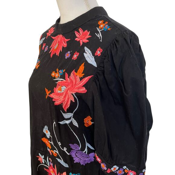 Asos Dress Women's Size 14 Black Cotton Embroidered Floral Colorful Open Back - Picture 6 of 13